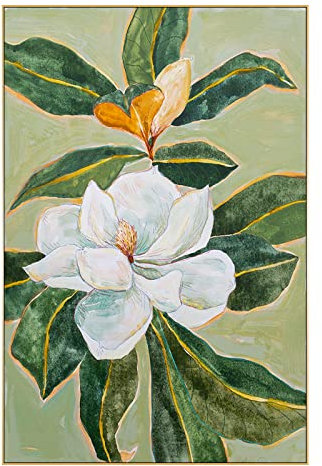 Acrylbilder Auf Leinwand Handgemalt, Green Leaf Plant Magnolia Flower Abstract Modern Frameless Original Hand Painted Oil Paintings On Canvas For Family Wall Living Room Dining Room Home Art Decor,