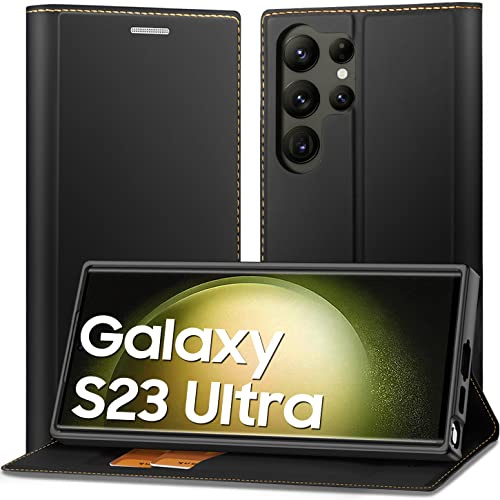 RollinCase Handyhülle für Samsung Galaxy S23 Ultra, Leder Flip Klappbare Magnetische [Kartenfach] [Standfunktion], Schutzhülle Klapphülle Galaxy S23 Ultra 6,8 Zoll, Schwarz