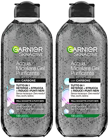 Garnier SkinActive Mizellares Wasser reinigendes Gel Make-up-Entferner All-in-1 mit Holzkohle für Mitesser, hypoallergene Formel ohne Ausspülen für Gesicht Augen Lippen – 2 Flaschen à 400 ml
