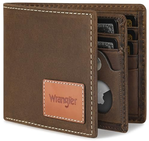 Wrangler Men's Wallet with AirTag Holder, Genuine Leather, RFID Blocking, Bifold, Casual 10-20 Cards Purse, Gift for Him, Brown