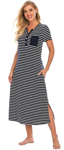Jlowesun Women's Long Nightshirt Nighties Nightdresses Short Sleeve Button Down Nightgown Night Shirt Dress V-Neck Sleepwear Nursing Pajama Dress for Ladies