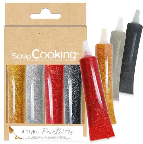 ScrapCooking - 4 Stylos Pailletés - Stylos Alimentaires Doré, Argenté, Rouge & Noir - Crayons Pâtisserie - Colorants Comestibles - Noël, Anniversaire - Écrire & Dessiner sur Gâteaux & Biscuits - 7073