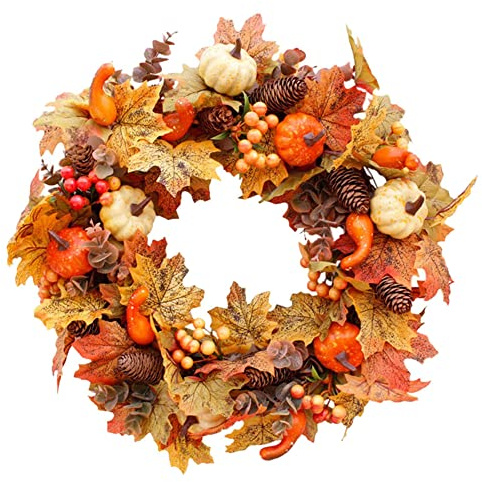 40 cm Herbst-Türkranz, künstlicher Herbst-Ahornblatt-Kranz für Haustür und Innenbereich, Weihnachten, großer Erntekranz, Dekorationen mit Kürbis und Beere für Halloween, Thanksgiving (Kein Licht)
