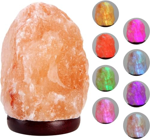 Himalayan Salt Lamp Night Light, 8 Colors Changing USB Salt Rock Lamp, Mini Small Salt Lamp with Natural Crystal Pink Salt Rock, LED Bulb and Hand Carved Taly Wood Base USB Switch