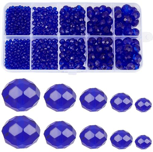 SUNNYCLUE 780 pz 5 misure Perline di Vetro Blu Perline di Cristallo Sfaccettate 2mm 4mm 6mm 8mm 10mm RonDellse Briolette Placca Perline Sfuse per Creazione di Gioielli Artigianato Fai Da Te Collana Br
