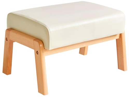 IBUYKE 10.2”H Piccolo Poggiapiedi Ottomane, Rettangolare in Pelle PU Sgabello con Sedile Imbottito e Gambe in Legno, Pouf Basso Poggiapiedi Ottomano Per Soggiorno Camera da Letto, Beige WBD013W