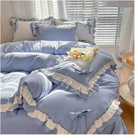 Bed Sheets Set, White Ruffled Bedding Seersucker Thicken Bow Sheet Washed Pillowcase Set Luxury Bedroom Warm Bedding Linen Bed Ruffle Cotton Princess Girl Decor Quilt Cover Pink(Blue,King220x240cm 4p