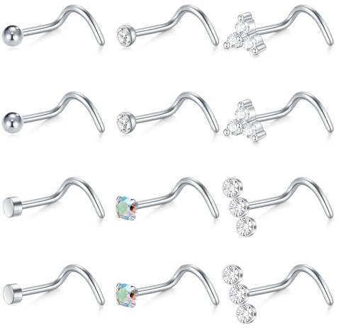 Funseedrr 20G Piercing Nez 12 Pièces 0,8mm Anneaux Goujons Lot Acier Chirurgical Percing au Nez Vis L Courbe Piercing Bijoux Argent