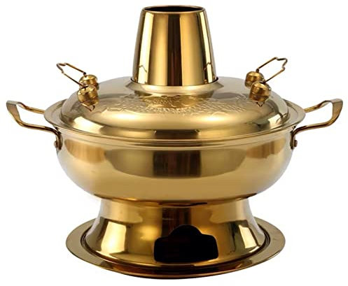 fondue， Olla tradicional china, olla caliente de cobre, olla Shabu Shabu Vintage con mango, olla de carbón de acero inoxidable china(Gold,34cm)