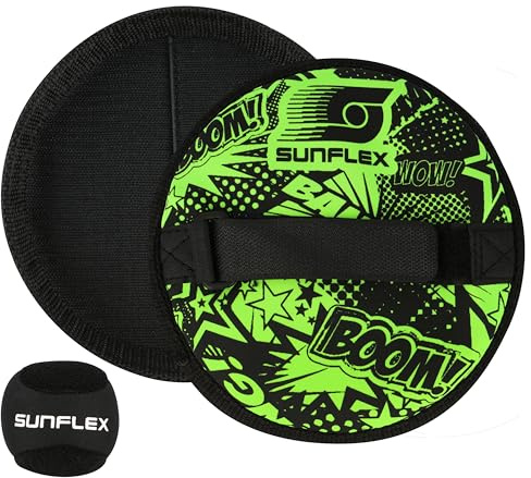 Sunflex® Neopren Sure Catch Set Funky Boom mit Zwei Handfängern und einem Ball in schwarz | Klettballspiel weich und leicht | extrem robust und langlebig