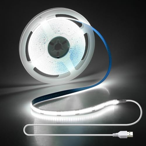 Aclorol USB COB LED Streifen 4m Kaltweiß 6000K Flexible LED Strip mit 1M USB-Stromkabel Hohe Dichte 320LEDs/m CRI>85 für TV LED Hintergrundbeleuchtung Wohnzimmer Spiegel Schrank Nachttisch Computer