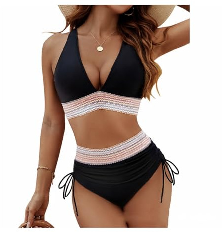 Lxing Bikini da donna, a triangolo con allacciatura al collo, con cintura laterale, Nero / bianco M, XL
