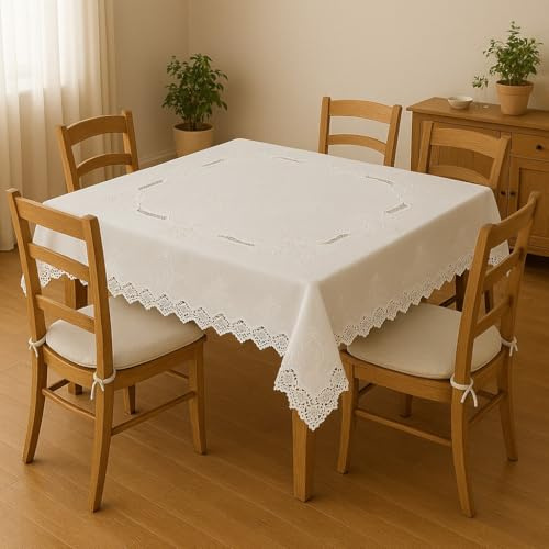 Corredocasa Copritavolo Bianco di Pizzo Rotondo-Tovaglia Tavola Ricamo a Mano Vintage Centro Quadrato e Servizio da tè Adatte per Casa Albergo e Ricevimenti (Copritavolo Quadrato 180x180 cm)