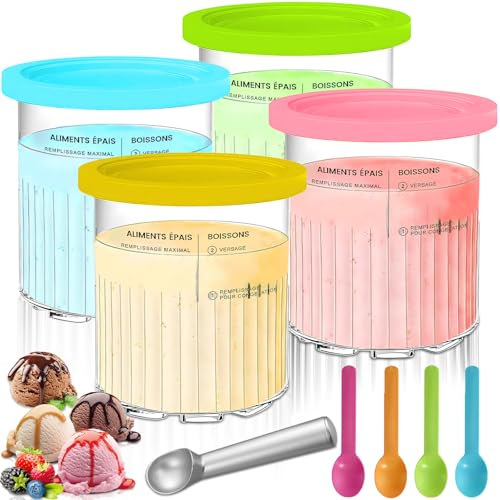 POWZOO 4 Piezas Recipiente para Helados,800ML Recipientes de Helado para Ninja Creami,Accesorios para Recipiente para Hacer Helados para la serie NC501 NC500,con Tapa,Cuchara de Aluminio,4 Cucharadas.