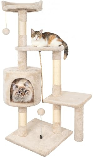 Arbre à Chat,112cm Tour de Jeux Stable pour Chat | Arbre à Grimper Multi-Niveaux avec 4 Poteaux en Sisal, 3 Plateformes, 1 Nid Douillet Chaton-Beige