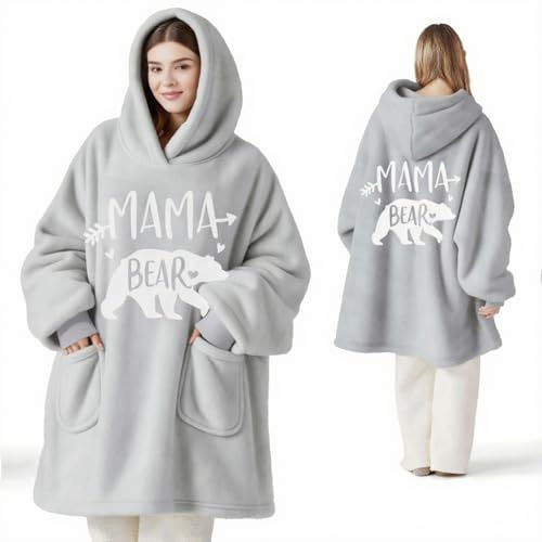 ZJZG Oversized Hoodie Decke, Geschenk für Mama, Mama Bear Tragbare Decken | Bezug für Zuhause Frauen,Gemütliche Wohndecke für Zuhause Couch Fernsehen,Weihnachten Geburtstag Geschenk für Mama Frau,Grau