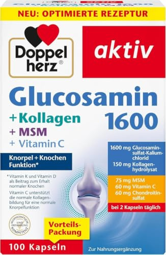 Doppelherz Glucosamin 1600 + Kollagen + MSM + Vitamin C | 1600 mg Glucosaminsulfat-Kaliumchlorid + 150 mg Kollagenhydrolysat als Tagesdosis (2 Kapseln) - 100 Kapseln