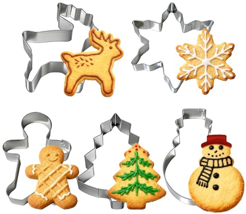 Noviatrix 5 Piezas Moldes Galletas Navidad, Galletas Navidad, Inoxidable Cortapastas Navidad, Reno, Muñeco de Nieve, Árbol de Navidad, Copos de Nieve, Hombre de Jengibre