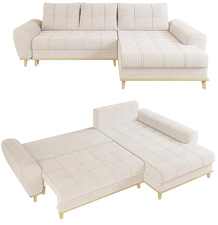 luma-Home 21013/ Ecksofa im Scandi-Stil mit Schlaffunktion, Beige | B268/T175/H86 cm, Ottomane rechts, mit Bettkasten, Füße und umlaufender Blende aus Massivholz, weicher Bouclé-Chenille-Stoff
