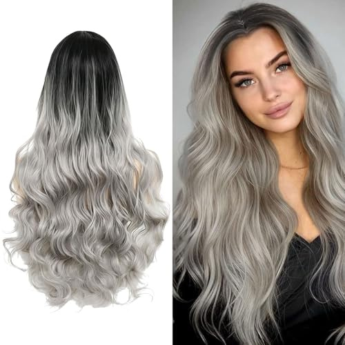 Halloween Perücke Grau Damen,Silber Grau Lang Lockig Natürlich,Perücke Frauen Kostüm Halloween,Natürliche Synthetische Haare,Grey Wig Lang Haar Gelockt für halloween Karneval Cosplay Kostüm Party