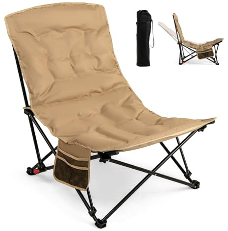 GOPLUS Chaise de Camping Pliante Portable, Chaise de Plage avec Coussin 4 Positions Reglable,Ultra Leger Charge 225 kg, Poche Latérale et Sac de Transport, pour Peche,Jardin