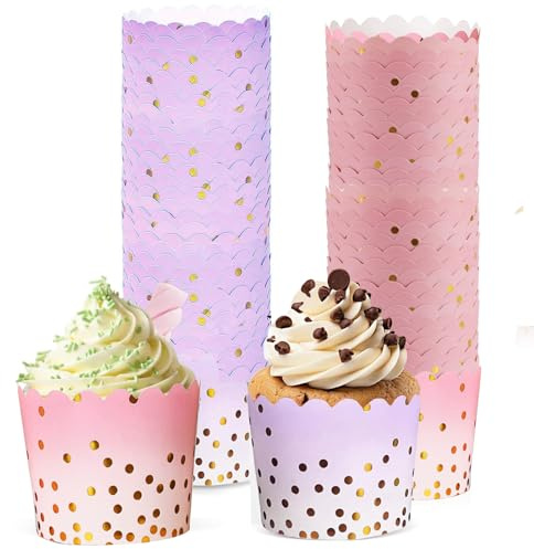 Lot de 100 moules à cupcakes en papier 7 x 6 x 5,5 cm | Caissettes à muffins en papier pour muffins, desserts (rose, violet)