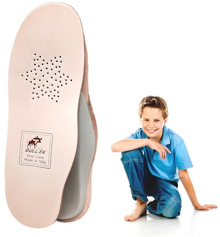 BullTek Semelles orthopédiques pour enfants en cuir naturel, dimensions 18-35 – Fabriqué à la main en Italie, soutien voûte plantaire, respirant, bien-être et croissance saine des pieds (EU 35-22,6 cm