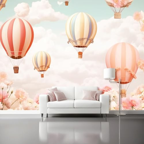 Generico Carta Da Parati Temi Acquerello - 250 x 175 cm 3D Effetto Carta Da Parati Non Tessuto Decorazioni Per Soggiorno Camera Da Letto, Mongolfiera Nuvole Fiori Motivo Murales