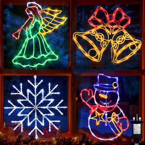 TRWYMZ 4 PCS Christmas Window Silhouette Light Decorations with UK Plugs | Snowflake & Snowman & Bell & Angel for Christmas Indoor and Outdoor Wall Door Window Decorate