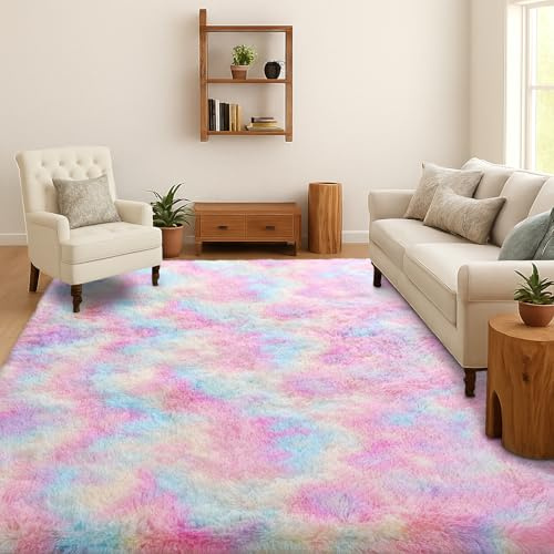 SOANNY Alfombra Salón Pelo Largo Shaggy Lavable 120x180 cm, Arcoíris Pastel | Antideslizante, Súper Suave, Alfombra Dormitorio, Alfombra Infantil, Habitación Niños, Esponjosa, Tapete Cama, Diseño Tie-Dye