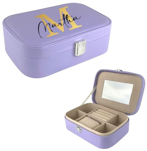 AWASG Schmuckkästchen personalisiert klein, Schmuckbox Reise Damen Mädchen, Schmuckschatulle Buchstabe Name mit Spiegel flieder M (20 x 13,5 x 6,5 cm)