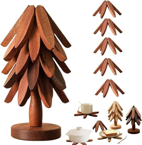Wooden Trivet Tree Coasters Stackable, Christmas Tree Shaped Trivet Set, 3/4/5+1 Natural Wood Kitchen Hot Dish Holder Xmas Decor (5 Trivets - E)