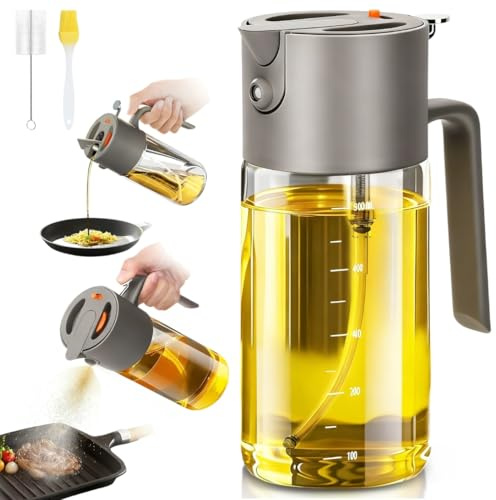 Rusudiy Spray Huile 2-en-1 550 ml – Vaporisateur d’Huile d’Olive Anti-Goutte, Pulvérisateur pour Salade, Barbecue, Friteuse à Air, Cuisson, Vinaigre, Accessoire de Cuisine, Gris Café