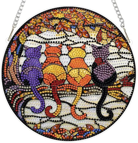 MEIYUDA Hanging Diamond Art Kits Adults 4 Cats on Branch, Special Shaped Crystal Rhinestone Suncatcher, 5D Diamond Art for Adults Beginners Kids DIY Kits, Window Hanging Ornament