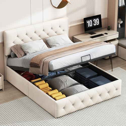 Fofetbfo Lit Coffre 160×200 cm, Lit Double Rembourré avec Rangement et Tete de Réglable, Système Hydraulique, Cadre de Lit, 2 Personnes avec sommier à Lattes, Velours