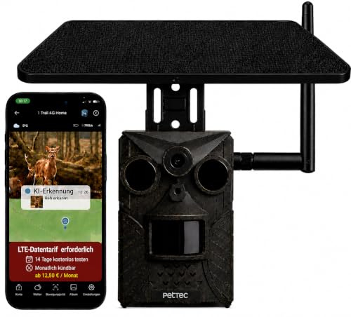PET.TEC PetCam Trail 4G Wildkamera mit Solar Panel und mit Nachtsicht & Bewegungsmelder - Außenkamera 120° Weitwinkel mit LTE & 0,3s Auslösezeit - Wildkamera IP66 inkl Montagezubehör & Gurt