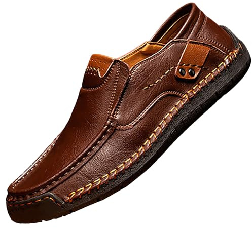Fritidsskor herr läder loafers skor eleganta affärsskor slip-skor halkfria mjuka lätta löparskor platt sula halvskor lediga utomhusskor enstaka skor stor storlek, kaffe, 43 EU