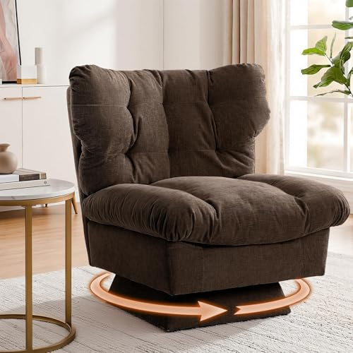 LALFPET Cozy Swivel Accent Chair - Modern Linen Chenille Upholstered Lounge Armchair with Thick Cushion, 360° Rotating Club Chair, Ergonomic High Back for Living Room, Bedroom, Reading - Flax | Brown