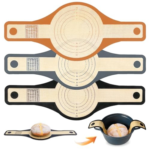 Soodyoow 3 Unidades Tapetes de Horneado Redondos para Pan, 24 cm y 21 cm, Tapete de Silicona para Hornear con Asas Largas, Antiadherente Resistente al Calor hasta 230°C, para Horno Holandés Horneado d