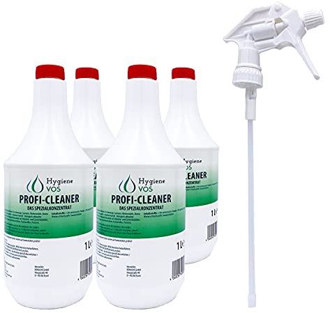 Hygiene VOS Profi Cleaner Spezialkonzentrat 4 x 1 Liter Allzweckreiniger mit 1 neuem Überkopfsprüher für Haushalt Wohnwagen Wohnmobil Caravan Boot Yacht
