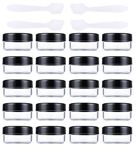 20 stycken krämburkar tom 10 g/10 ml transparent liten plastdegel – för kosmetisk burk, läppbalsam, nagelkonstburk – med 4 stycken minispatlar, svart, 10g/10ml