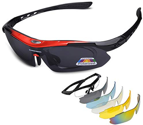 LumiSyne Sportbrille Polarisiert Herren und Damen Radsportbrillen mit 5 Wechselgläsern UV 400 Schutz Superleichte Rahmen mit Sonnenbrillenband für Sport Freizeit Radfahren Motorradbrille (Rot)