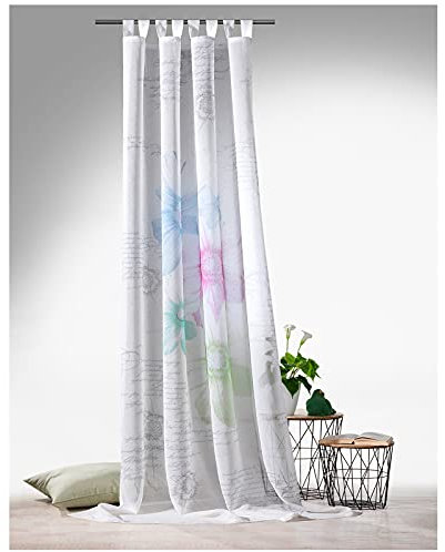 heimtexland ® Schlaufenschal Vorhang Leinen Natur Gardine HxB 255x140 Blumen Lettering Typ756 Pastell Bunt