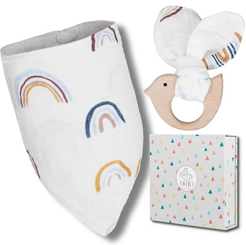 LILEJO Geschenk zur Geburt - Lätzchen und Beisring - inkl Geschenkbox und Grußkarte - Geschenk für werdende Mamas und Papas - Baby Geschenk für Mädchen und Junge- 100% Baumwolle