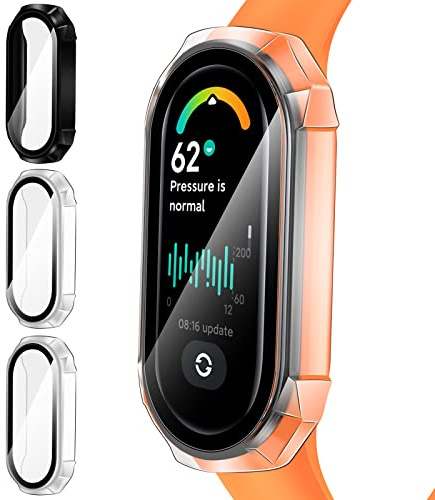 ivoler 3 Piezas Funda para Xiaomi Mi Band 7 / Xiaomi Mi Band 7 NFC, Protección Completa Protector de Pantalla de Cristal Vidrio Templado Duro PC Anti-arañazos Carcasa, 2 Transparente + 1 Negro
