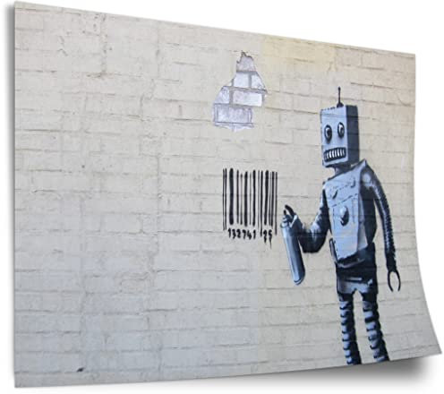 Poster Banksy - Roboter Robot sprüht Bar-Code auf Wand Graffiti-Wandbild cool stylisch modern urban Kunstdruck ohne Rahmen, Wandbild - A4, A3, A2, A1, A0, XXL - Wohnzimmer, Schlafzimmer, Küche, Deko