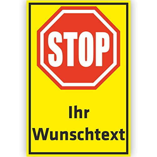INDIGOS UG - WUNSCHTEXT Schild - 40x30cm gelb - PVC - STOP - HALT - personalisiert Text - Straßenschild - Namensschild - Hausnummer - Garage, Hotel, Parkplatz, Schule, Carport, Firma individuell