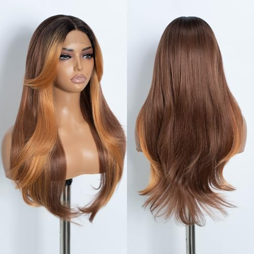 Style Icon Perücke Lace Front Wigs 26 Inches Layered Wigs with Bangs Door Curtain Style Super Long Wigs Synthetic Wig 5 inches Middle Part Wig (26 Inch, TTHL 6/30X/150E)