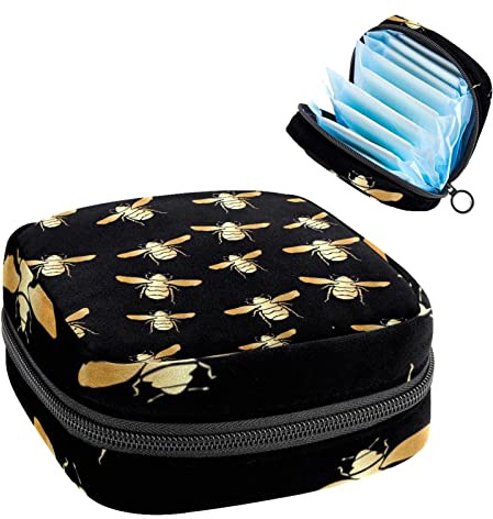 Aufbewahrungstasche für Damenbinden, Menstruationstassen-Tasche, Perioden-Tasche, Organizer für weibliche Pads, Tampons, goldenes Blasen-Muster auf Schwarz