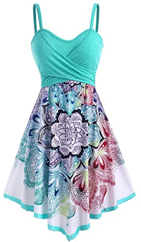 DRESSFO Summer Dress for Women Casual Swing Asymmetrical Dress Bohemian Floral Print Cami Dress(Light_Green_2/2X)